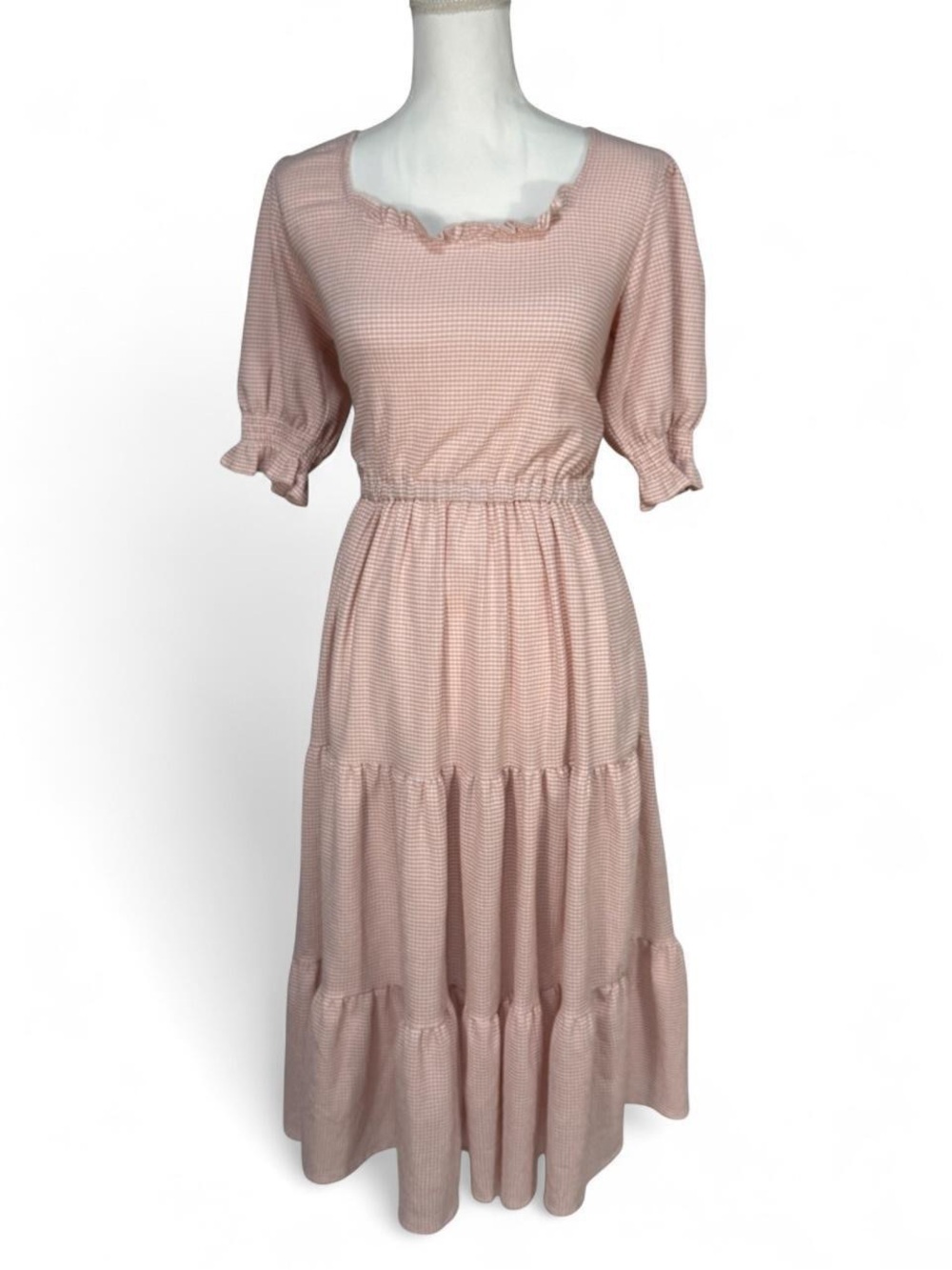 Ivy City Co Pink Gingham Tiered Prairie Midi Dress Size M Cottagecore
